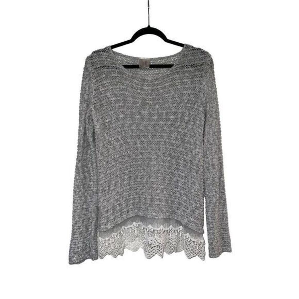 Forever 21 Gray Open Knit Lace Detail Crew Neck Pullover Sweater